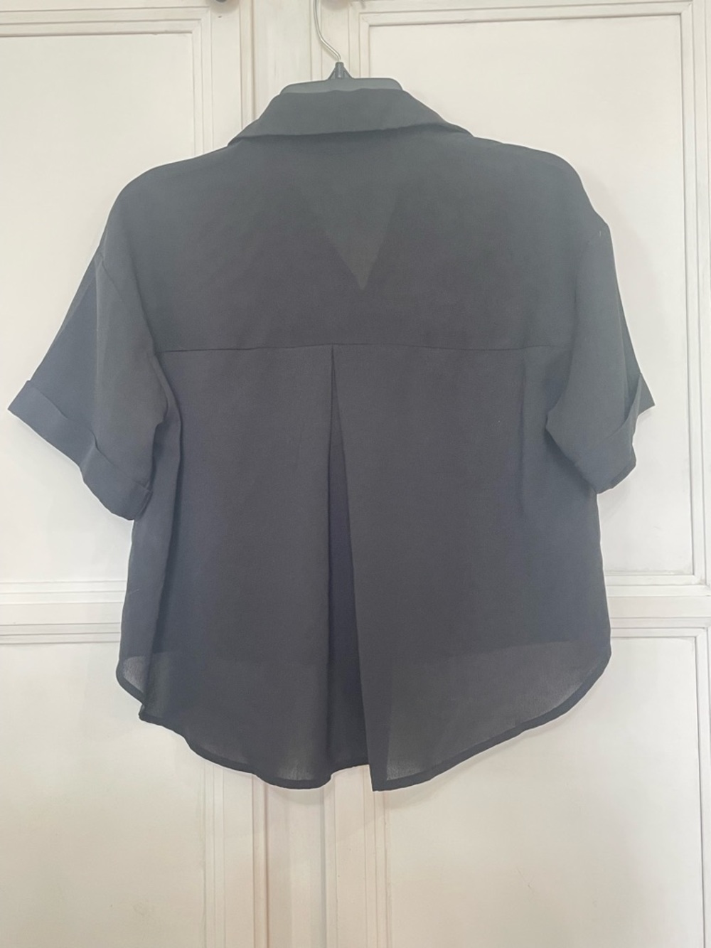 Cider collar pocket button up short sleeve crop blouse black XXS - Picture 3 of 6